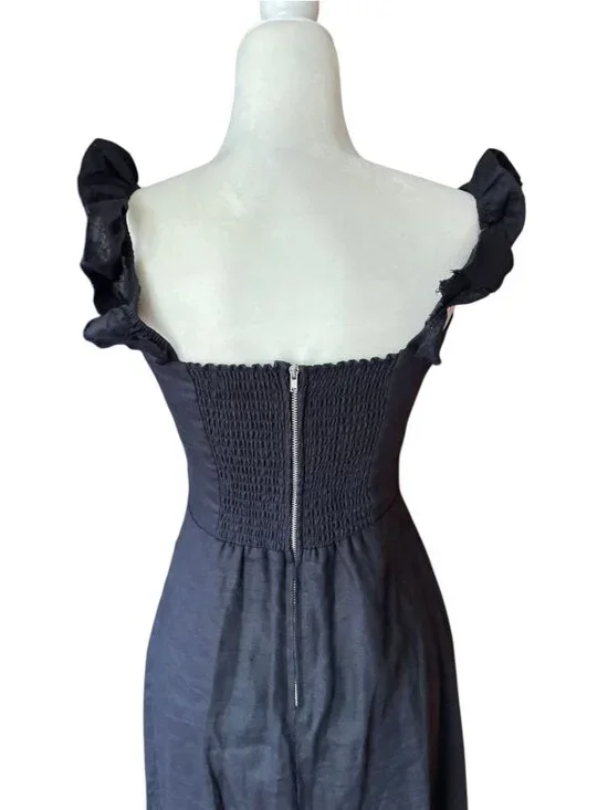 Reformation Spaulding 100% Linen Dress Sz 8  Black Ruffle Strap Formal Date - Picture 3 of 15
